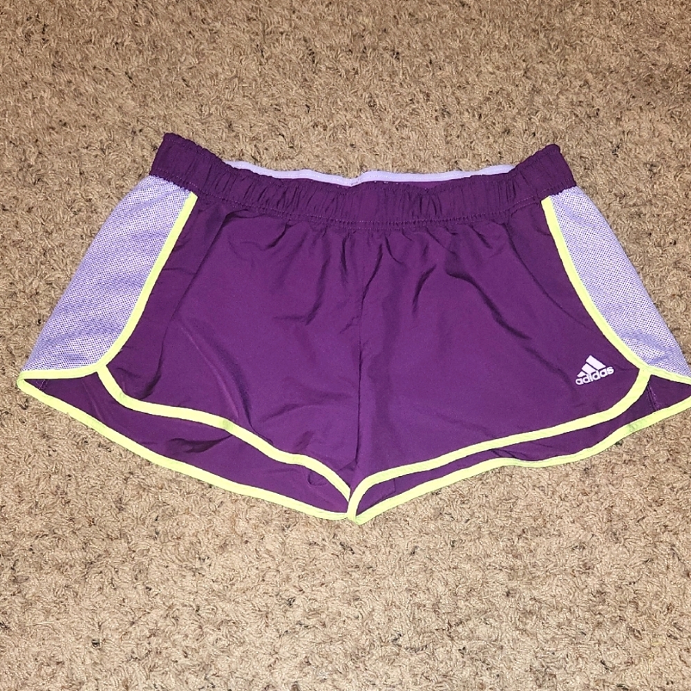 Adidas- Purple Athletic Shorts with Curved Hem & Elastic Waistband- Sz L